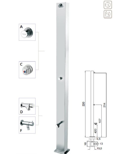 columna ducha piscina aisi316 con temporizado pulsador empotrado ducha- pulsador frontal lavapies